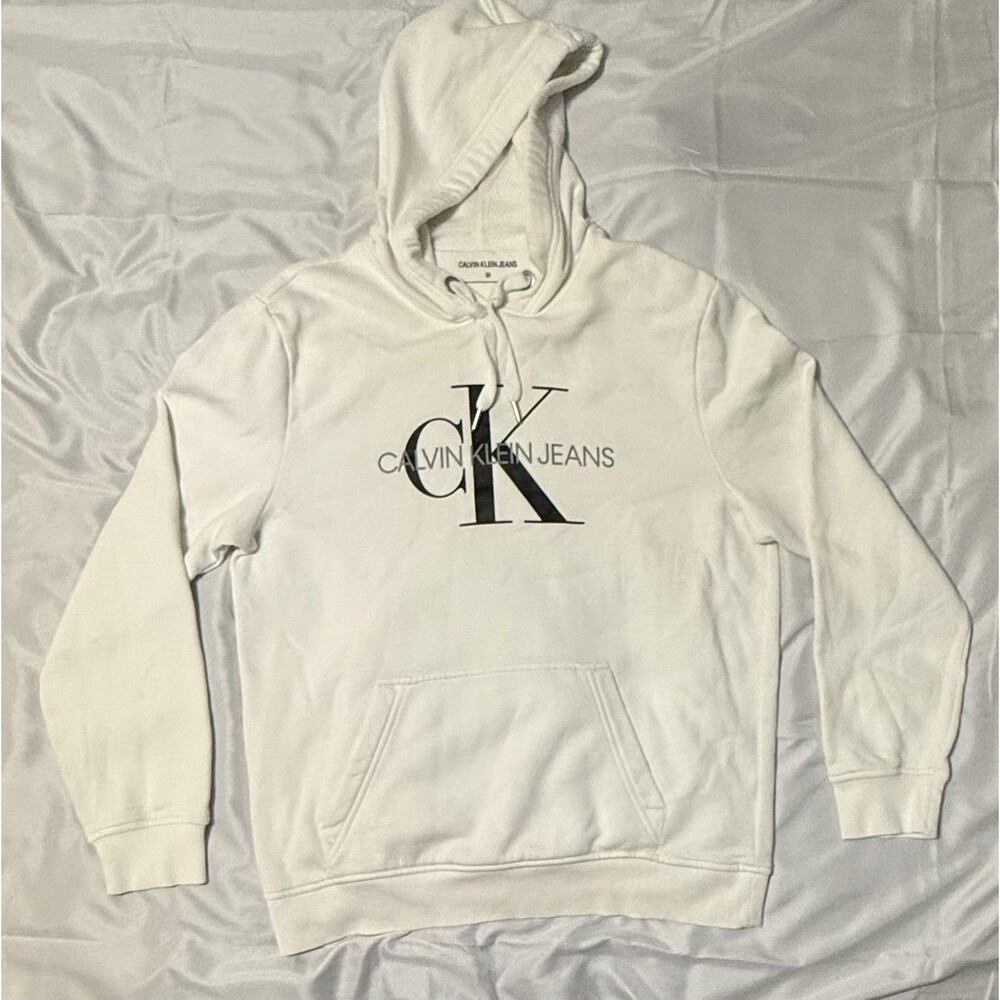 Calvin Klein Jeans Hoodie Mens Large Beige CK Logo Fleece Pullover Sweatshirt